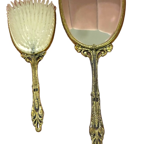Vintage Antiqued Ormolu Brass heavy ornate metal Vanity set mirror brush - Picture 10 of 11